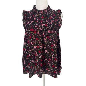 Kate Spade Live Colorfully Floral Cold Shoulder Ruffle Top Small Black Pink